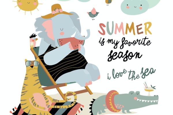 海滩日光浴卡通动物矢量图素材 Cute cartoon animals sunbathing on beach. Hello
