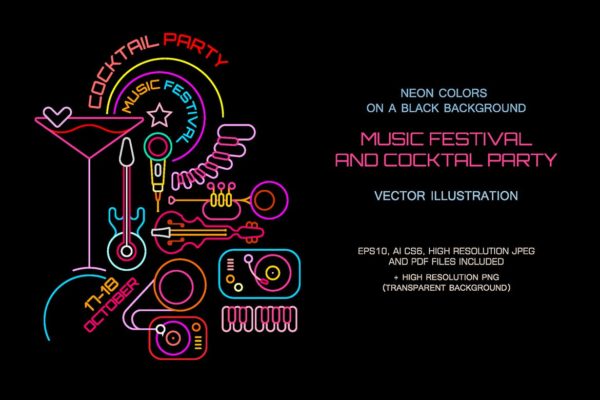 霓虹灯线条音乐节和鸡尾酒会矢量插画素材 Music Festival & Cocktail Party (3 Options)
