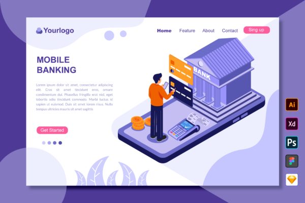 手机银行主题着陆页插画网站设计素材 Mobile Banking – Landing Page