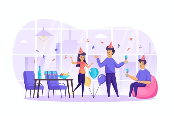 聚会派对庆祝场景UI插画矢量图素材 Happy Friends Celebrate Holiday at Party Scene