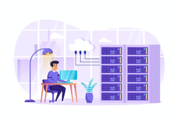数据中心工程师场景UI插画矢量图素材 Engineer Working at Data Center Scene