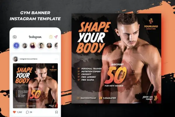健身房健身广告设计Instagram社交模板v1 Gym Fitness Instagram Template