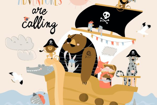 可爱动物海盗卡通矢量图素材 Cute cartoon animals pirates sailing in their ship