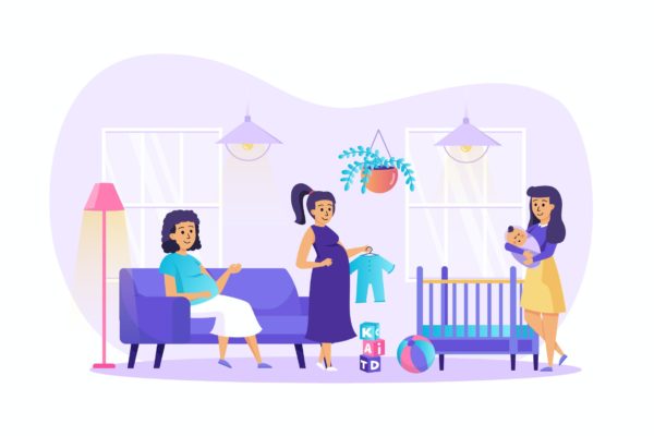 怀孕母亲护理场景UI插画矢量图素材 Pregnancy and Motherhood Scene
