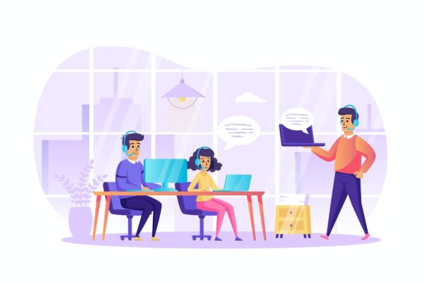 客服中心场景UI插画矢量图素材 Customer Support at Office Scene