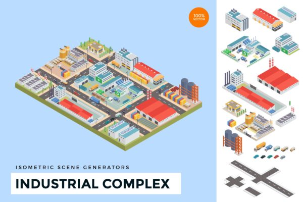 等距2.5D工业工厂复杂矢量场景概念插画  Isometric Industrial Factory Complex Vector Scene