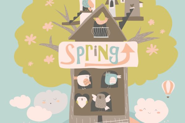 春天主题树屋鸟舍卡通矢量图素材 Cute little birds and birdhouse on spring tree. Ve