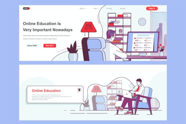 远程教育主题网页设计矢量插画素材 Distant Education Header Footer or Middle Content