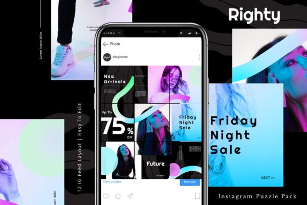 全息渐变时尚设计Instagram拼图模板套装v1 Righty – Instagram Puzzle Pack