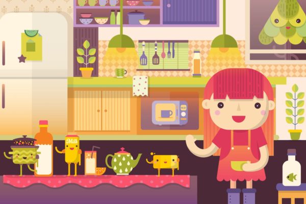 厨房场景可爱人物矢量图素材 Kitchen Scene With Cute Food Characters