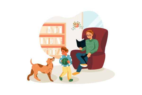 家庭活动场景插画矢量素材 Man reading book while his kid playing with dog