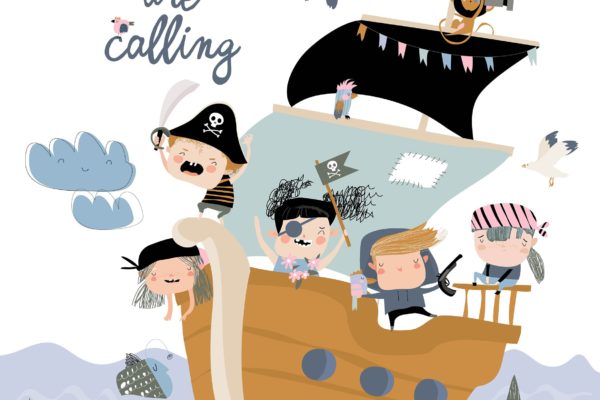 可爱海盗航行卡通矢量图素材 Cute pirates sailing in their ship. Vector