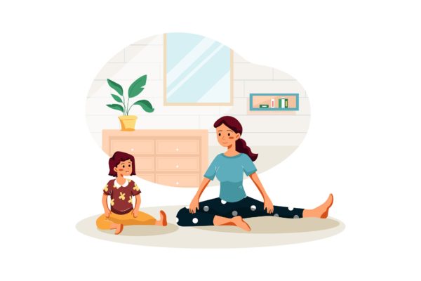 瑜伽运动场景插画矢量素材 Mother and her girl child doing yoga