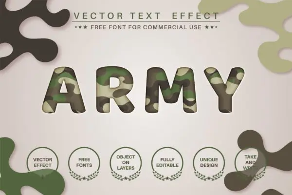 剪纸迷彩文字效果字体样式矢量素材 Paper military – editable text effect,  font style