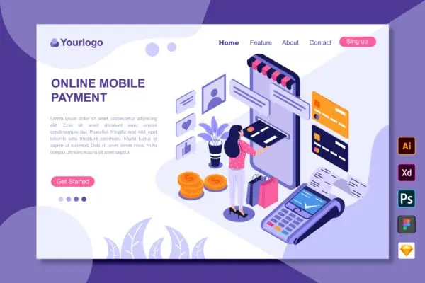 在线手机支付主题着陆页插画网站设计素材 Online Mobile Payment – Landing Page