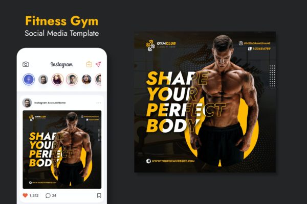 健身房健身广告Instagram社交媒体模板v3 Gym Fitness Social Media Template
