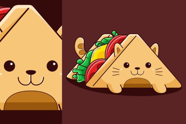 可爱卡通风格猫咪三明治矢量插画素材 Cute Sandwich Cat Vector Cartoon Style