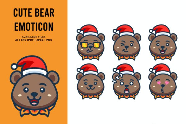 可爱的圣诞熊表情符号矢量插画素材 Cute Bear Emoticon
