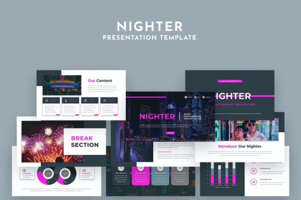 灯光夜景风景摄影展示ppt模板 Nighter Powerpoint Template – VL4