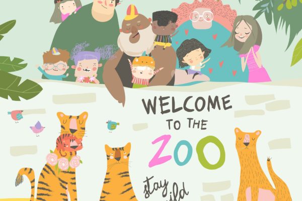 动物园家庭活动卡通矢量图素材 Happy children with parents in zoo with tigers.