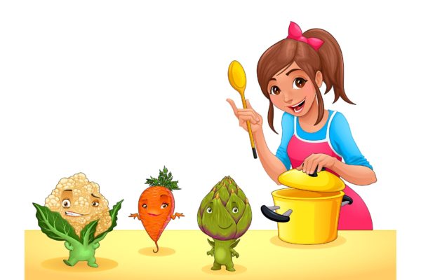 蔬菜&女孩透明背景矢量图素材 Girl is Cooking with Three Funny Vegetables