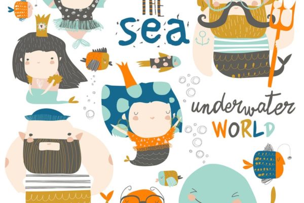 可爱卡通美人鱼女孩矢量图素材 Mermaid girls vector illustration. Cute cartoon se