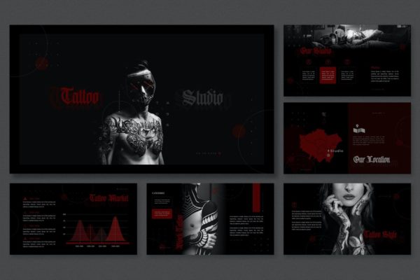 黑暗现代主题纹身工作室演示ppt模板 Dark Modern Theme – Tattoo Studio Presentation