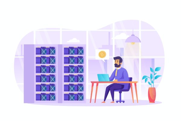 加密货币挖矿场景UI插画矢量图素材 Cryptocurrency Mining and Blockchain Scene