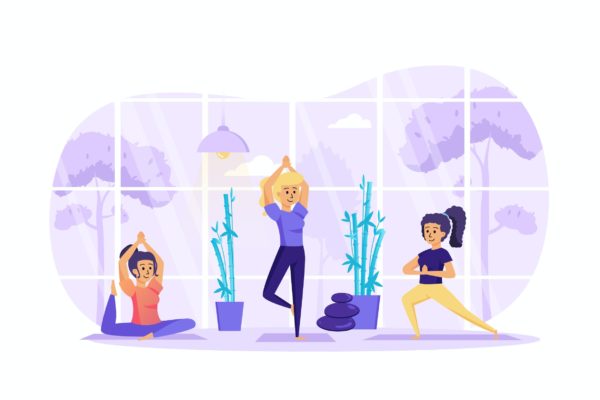 瑜伽养生运动场景UI插画矢量图素材 Women Doing Yoga Asanas in Studio Scene