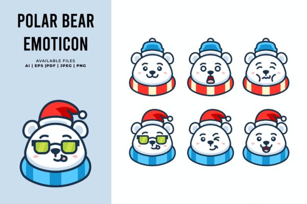 可爱的北极熊表情符号矢量插画素材 Polar Bear Emoticon