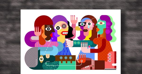 抽象几何艺术人物矢量插画 Four Women and One Man vector illustration