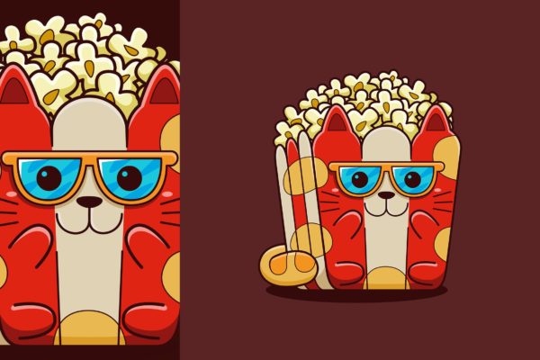 可爱卡通风格猫咪爆米花矢量插画素材 Cute Popcorn Cat Vector Cartoon Style