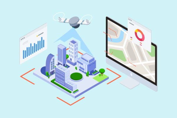 物联网无人机测绘主题2.5D等距插画矢量素材 IOT Drone Survey And Map Isometric – TU