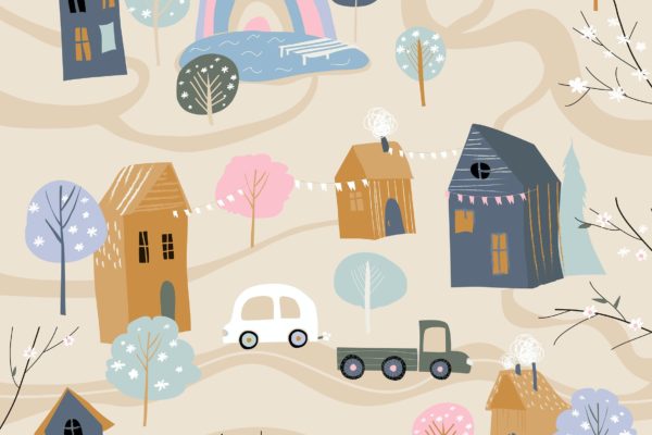 可爱卡通小村庄矢量图素材 Cute little village with blossom trees in cartoon
