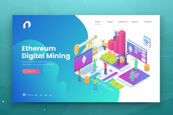 等距以太坊平台主题网站着陆页设计矢量插画模板 Isometric Ethereum Web PSD and AI Vector Template