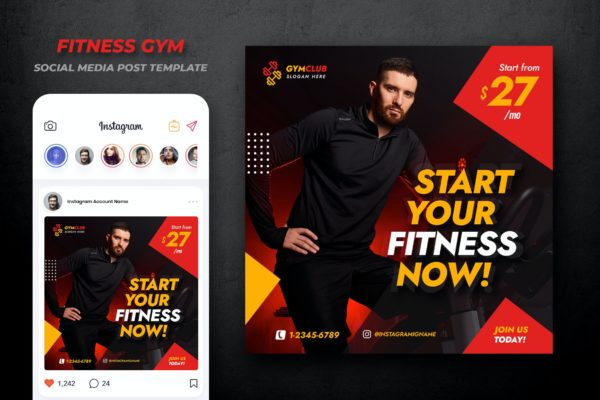 健身房健身广告Instagram社交媒体模板v11 Gym Fitness Social Media Template