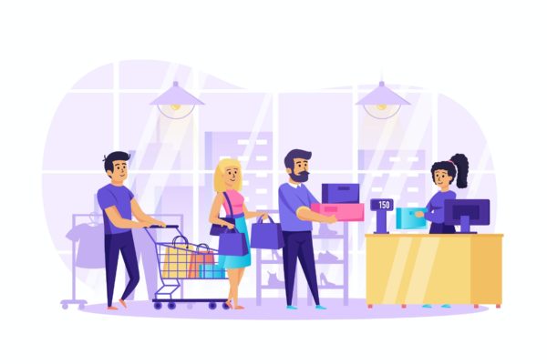 商场购物场景UI插画矢量图素材 People Shopping in Store Scene