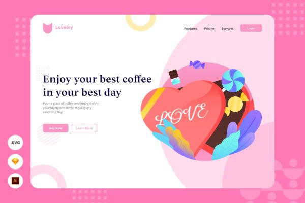 爱心礼品主题网页头部插画设计素材 Enjoy Coffee – Website Header – Illustration