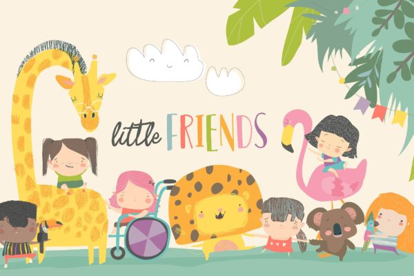 可爱的孩子和卡通动物矢量图素材 Cute children with cartoon animal. Happy friends.