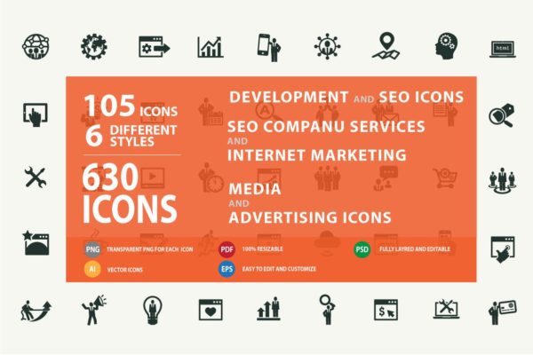 现代设计风格SEO&互联网营销矢量图标素材[6种配色方案] Set of Modern SEO Services Icons