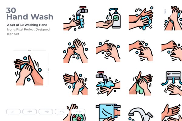 30枚洗手步骤指示图矢量图标 30 Washing Hand Icons