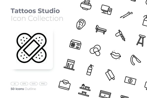 纹身工作室主题轮廓矢量图标合集 Tattoos Studio Outline Icon