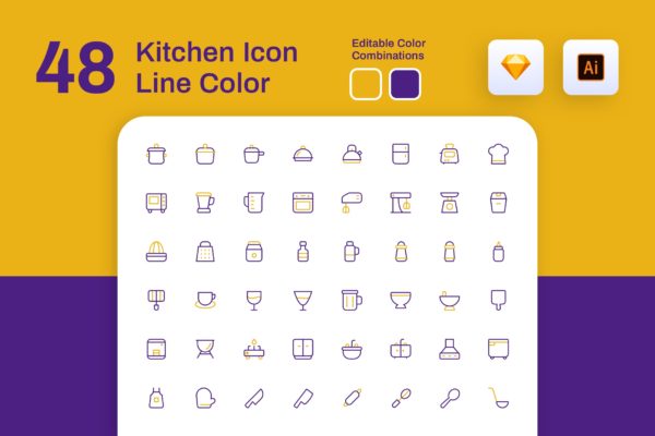 48枚厨房用具彩色矢量线性图标 Kitchen Icon Line Color
