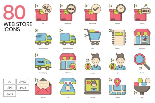 80个网上购物商店线条图标素材 80 Web Store Line Icons
