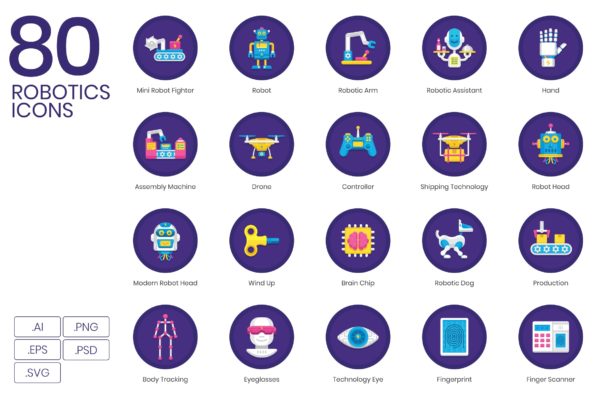 兰花系列-80枚机器人主题矢量图标 80 Robotics Icons | Orchid Series