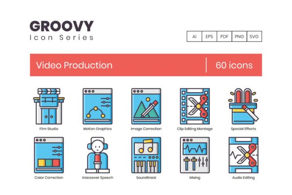 Groovy系列-60枚视频制作主题矢量图标 60 Video Production Icons | Groovy Series