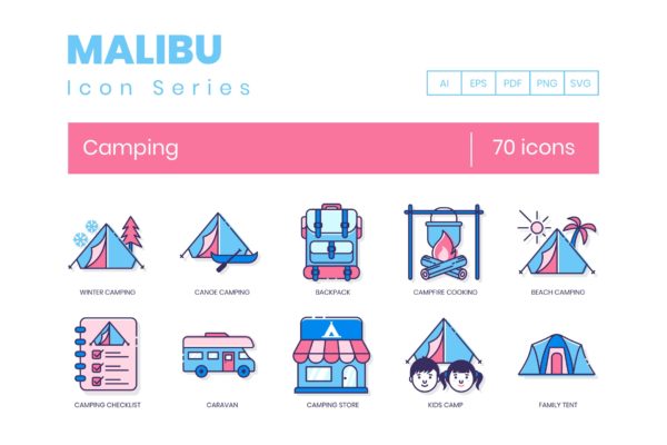 Malibu系列-70个户外野营主题矢量图标 70 Camping Icons | Malibu Series