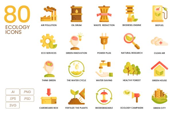 焦糖系列-80枚生态环境主题矢量图标 80 Ecology Icons | Caramel Series