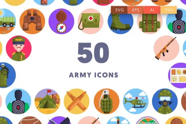 50个陆军主题圆形彩色矢量图标集 50 Army Icons