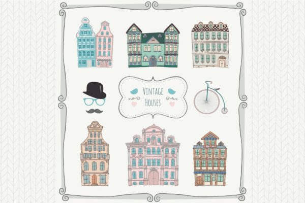 复古老式风格手绘房子矢量图标 Vintage Old Styled Hand Drawn Houses Icons.